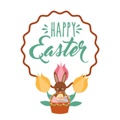 brown rabbit with basket eggs flowers vintage frame happy easter vector illustration