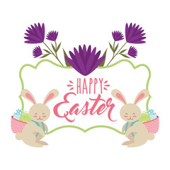 rabbits with basket in back with eggs happy easter card vector illustration