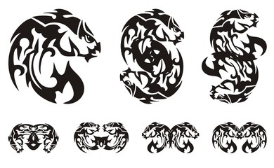 Unusual fish symbol and double symbols from it. Set of double dangerous abstract fish symbols in tribal style for your design. Black on white