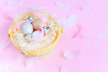 Different colors easter eggs, quail eggs and white and pink feathers on pastel pink background, top view, flat lay. Easter holiday concept.