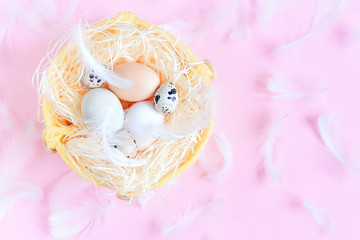 Different colors easter eggs, quail eggs and white feathers on pastel pink background, top view, flat lay. Easter holiday concept.