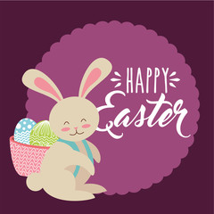 cute bunny with basket on his back with eggs happy easter label vector illustration
