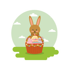 rabbit holds basket floral eggs decoration in landscape field vector illustration