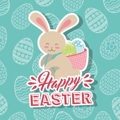 white rabbit with basket in back happy easter eggs background vector illustration