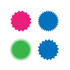 Set of vector starburst, sunburst badges. Different color. Simple flat style Vintage labels. Colored stickers.