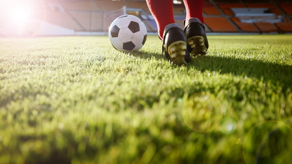 Obraz premium soccer or football player standing with ball on the field for Kick the soccer ball at football stadium