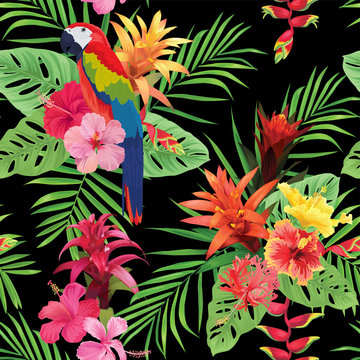 Beautiful seamless pattern with macaw, guzmania and hibiscus flowers on black background. Vector set of blooming tropical floral for wedding invitations, greeting card and fashion design.