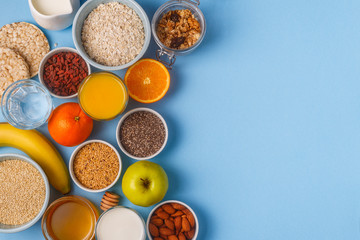 Useful breakfast on a blue pastel background