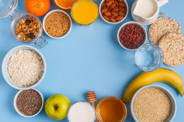 Useful breakfast on a blue pastel background
