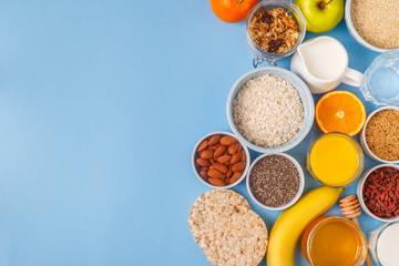 Useful breakfast on a blue pastel background