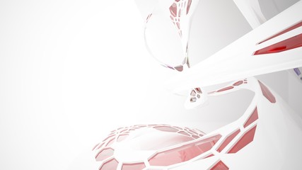 Abstract white and colored gradient glasses parametric interior  with window. 3D illustration and rendering.