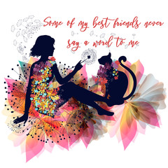 Beautiful girl sit near cat between abstract foliage