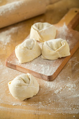 Rohe, italienische Pasta gefüllt mit Ricottafüllung auf Küchen Arbeitsplatz