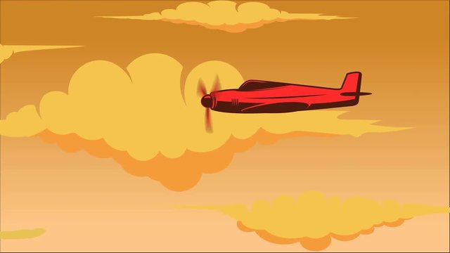 Retro style animation of sky with aeroplane. Cartoon style aviation transport