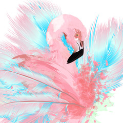 Beautiful vector illustration with drawn pink flamingo and blue feathers - obrazy, fototapety, plakaty