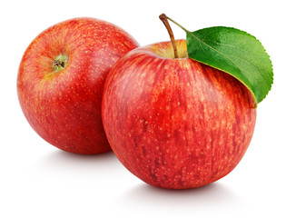 Two ripe red apple fruits with green leaf isolated on white background. Red apples with clipping path