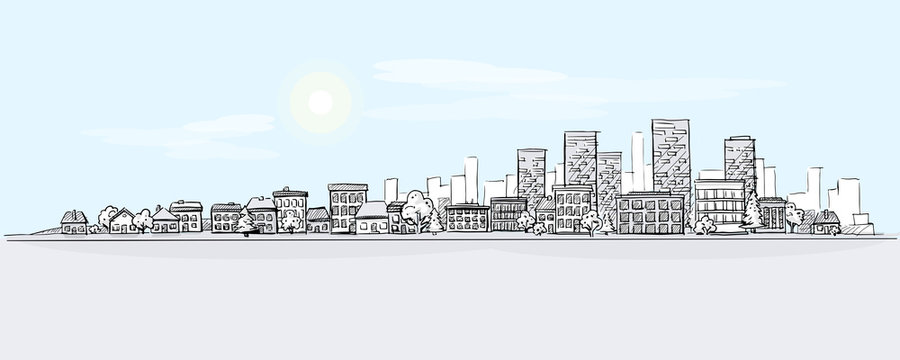 Flat vector cartoon illustration of hand drawing urban landscape with skyline, city office buildings and family houses in small town village in background. Layered doodle pen or pencil line sketch.