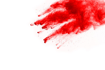 Red powder explosion on white background.