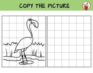 Naklejka premium Flamingo. Copy the picture. Coloring book. Educational game for children. Cartoon vector illustration
