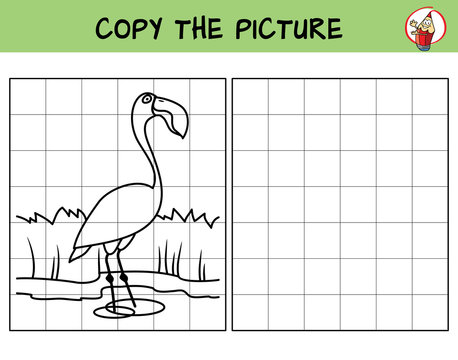 Flamingo. Copy the picture. Coloring book. Educational game for children. Cartoon vector illustration