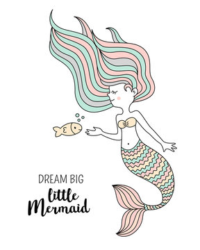 Cute little mermaid with fish. Under the sea vector illustration. Dream big little mermaid