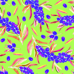 Black (blue) olives branch with ripe berries, berries and leaves, seamless pattern design, hand painted watercolor illustration, soft green background