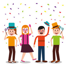 people masks glasses and hat dancing celebration fools day  vector illustration