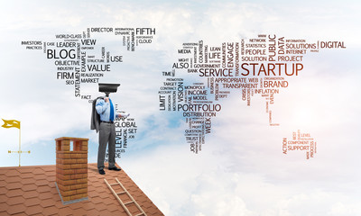 Concept of home security and privacy protection with camera headed man