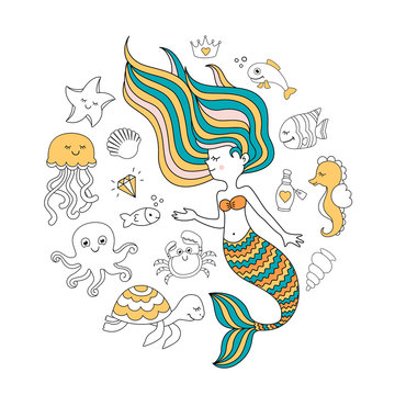 Cute little mermaid with sea animals. Under the sea vector illustration