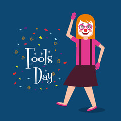 woman smile clown mask glasses celebration fools day  vector illustration