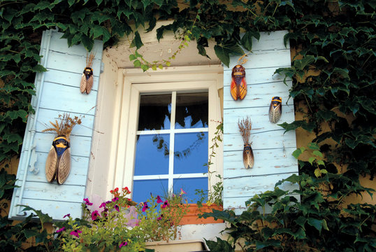 Lourmarin , fenêtres avec volets bleus, cigales en porcelaine accrochées aux volets en Provence, (Vaucluse) France