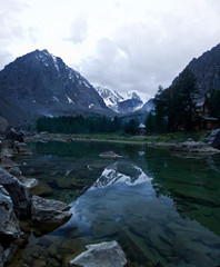 Beautifull valley with view to mountains, trees and lake 