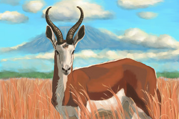 Antelope is in the grass on the background of the mountain © Veronika Kurochka