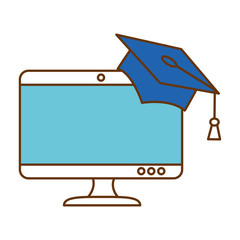 monitor computer with graduation hat vector illustration design