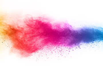 abstract powder splatted background. Colorful powder explosion on white background. Colored cloud. Colorful dust explode. Paint Holi. - obrazy, fototapety, plakaty