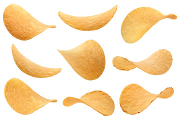 Potato chips collection on white