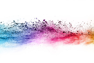 abstract powder splatted background. Colorful powder explosion on white background. Colored cloud. Colorful dust explode. Paint Holi.