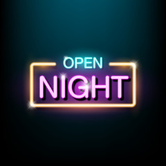 Neon sign, the word Open Night. Vector illustration.