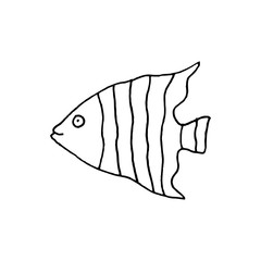 Linear cartoon hand drawn fish symbol. Cute vector black and white fish symbol. Isolated monochrome doodle fish symbol on white background.