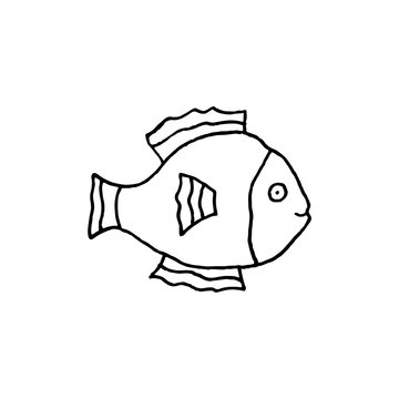 Linear cartoon hand drawn fish symbol. Cute vector black and white fish symbol. Isolated monochrome doodle fish symbol on white background.