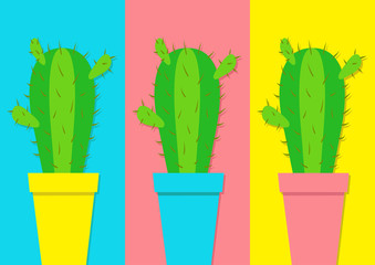 Cactus icon in flower pot icon set. Minimal flat design. Desert prikly thorny spiny plant. Growing concept. Bright green houseplant. Pastel yellow blue pink color background. Cute cartoon object.