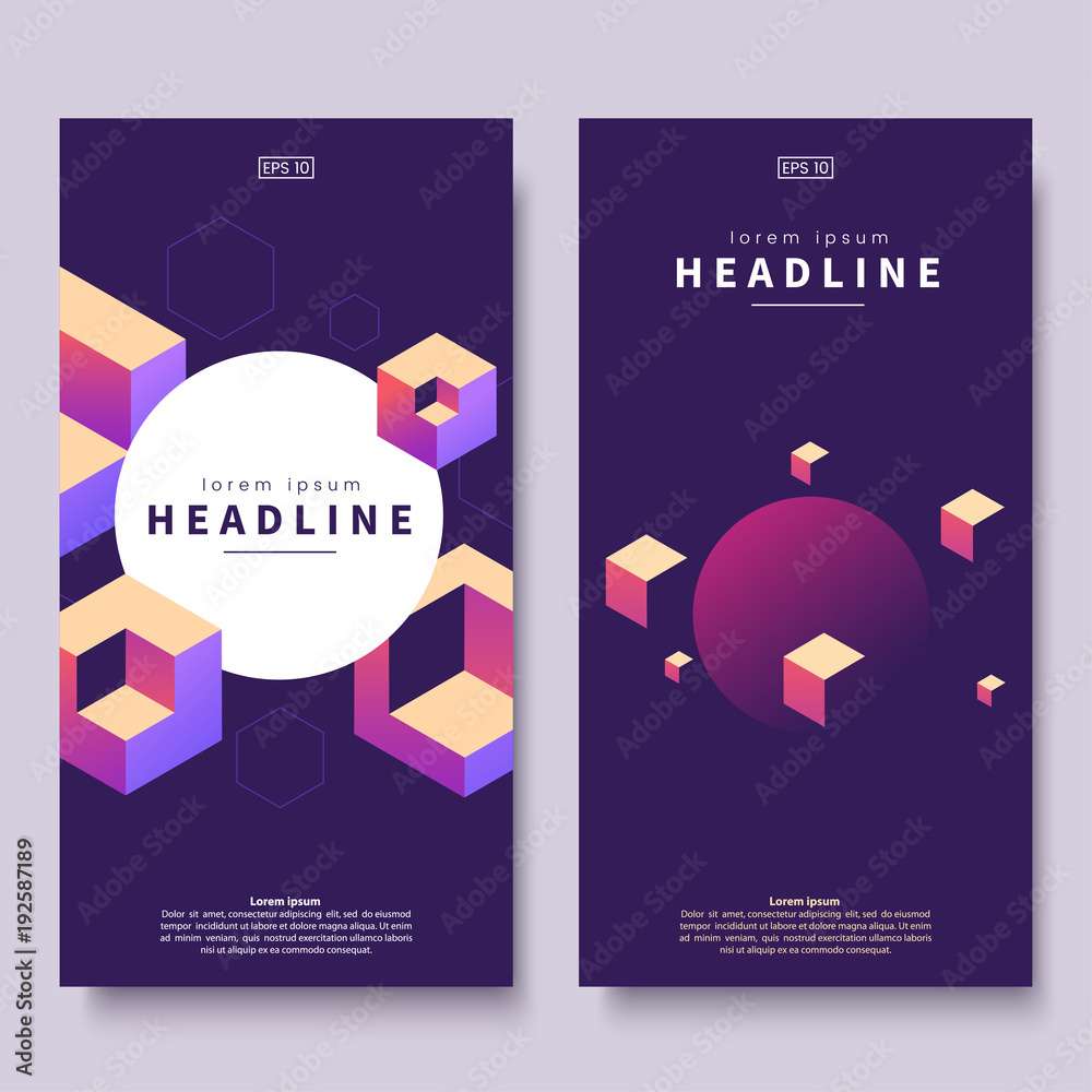 Poster abstract colorful isometric banners. geometric shapes on dark background. vertical minimalistic bann