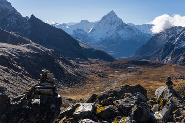 Ama Dablam mountain peak view from Chola pass, Everest region, Nepal