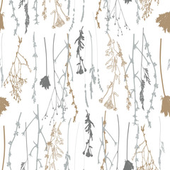 Meadow grasses, herbs and flowers outlines vector seamless pattern.