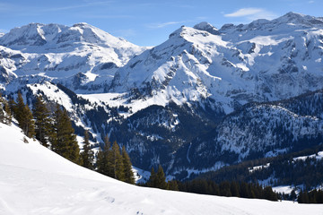 Fototapeta na wymiar Pics enneigés à Lenk dans l'Oberland bernois en Suisse