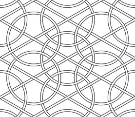 Interlaced circles, seamless line geometric vector patterns
