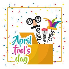 april fools day box prank hat face calendar confetti vector illustration
