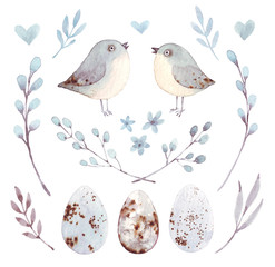 Hand drawing easter watercolor flying cartoon bird and eggs with leaves, branches and feathers. Watercolor art illustration. 