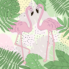 Tropical leaves and Flamingo Summer Banner, Graphic Background, Exotic Floral Invitation, Flyer or Card.