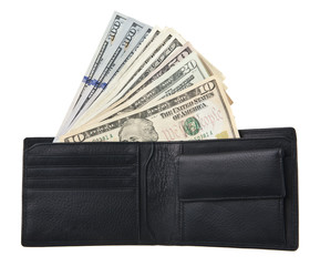 dollars in a purse isolated on a white background